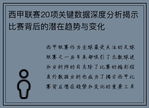 西甲联赛20项关键数据深度分析揭示比赛背后的潜在趋势与变化